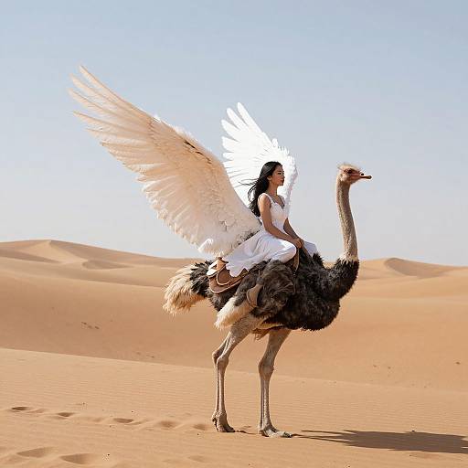 Ethereal Woman Riding Ostrich in Desert
