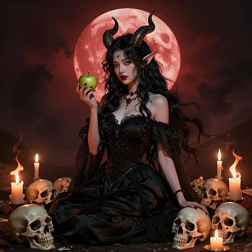 Dark Fantasy Woman with Horns and Skulls