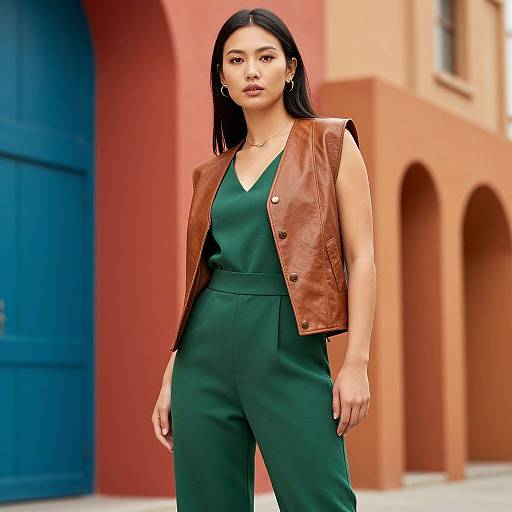 Photograph of a confident Asian woman with long black hair, wearing a green jumpsuit and brown leather vest, standing in front of a red brick building
