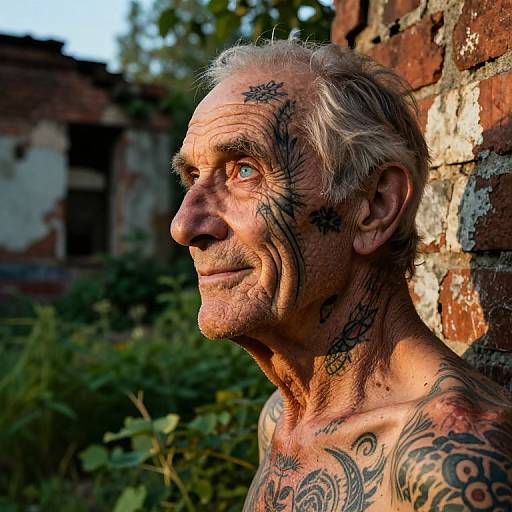 Photograph of an elderly, tattooed man with gray hair, blue eyes, and weathered skin, standing against a brick wall in a dilapid