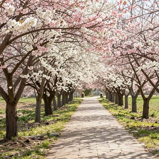 Photograph of a sunlit, stone pathway lined with cherry blossom trees in full bloom, creating a pink and white canopy overhead.