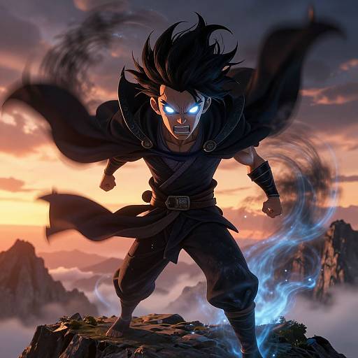 Digital artwork of a fierce, black-haired, glowing-eyed warrior in dark clothing, standing on a rocky mountain peak at sunset, with swirling blue energy and