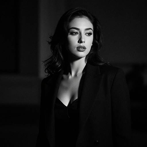 Black-and-white photograph of a confident woman with dark wavy hair, wearing a deep V-neck black top, illuminated from above, with a dramatic,