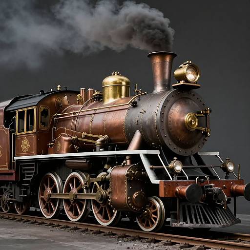 Photograph of a vintage, copper and gold steam locomotive with black smoke, large front headlight, and detailed metalwork, set on railway tracks