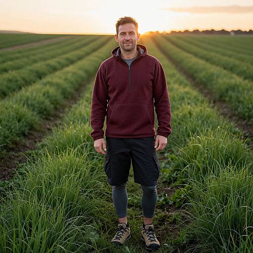 Photograph of a smiling man in a maroon hoodie, black pants, and hiking boots standing in a sunlit, green field at sunset.