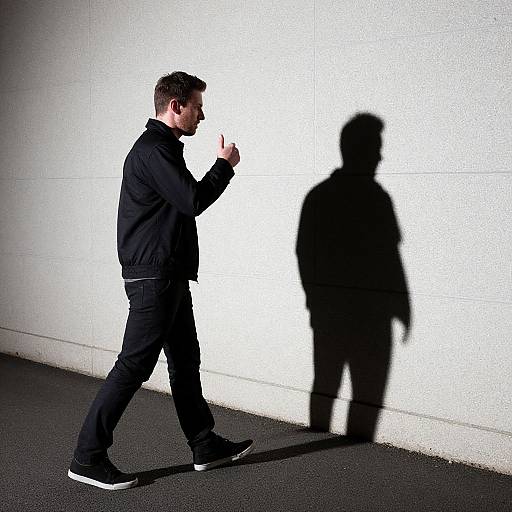 Photograph of a man in black jacket and pants, black sneakers, casting a shadow on a white wall, walking on dark pavement.