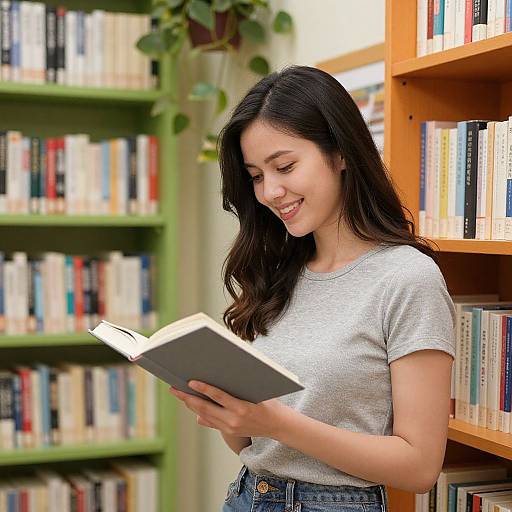 Photograph of a smiling young woman with long black hair, wearing a gray t-shirt and blue jeans, reading a book in a library with green and