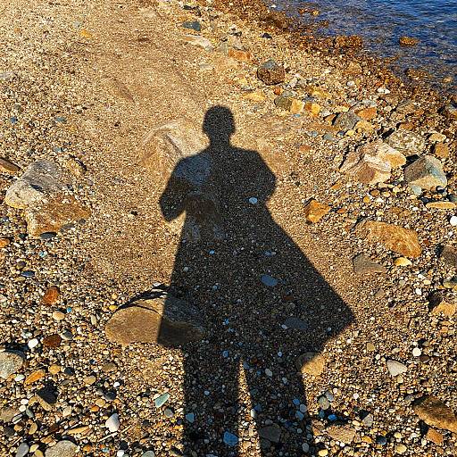 Shadow of Cloaked Figure on Rocky Beach