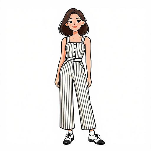 Digital illustration of a smiling woman with short brown hair, wearing a white pinstriped jumpsuit, black shoes, and white socks.
