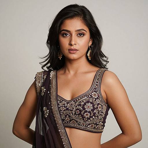 Photograph of an Indian woman with medium brown skin, black wavy hair, wearing a black floral embroidered crop top and black sari, standing against