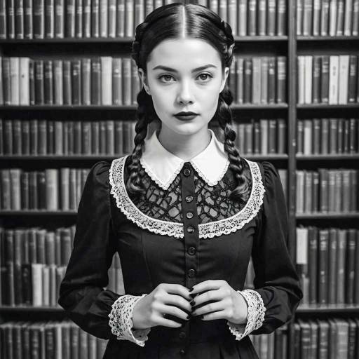 Woman in Wednesday Addams Style Outfit in Historic Library