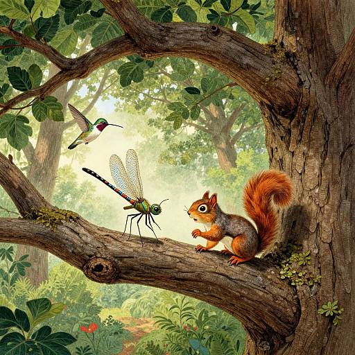 Digital illustration of a red squirrel and a dragonfly on a tree branch, with a hummingbird overhead in a sunlit forest.