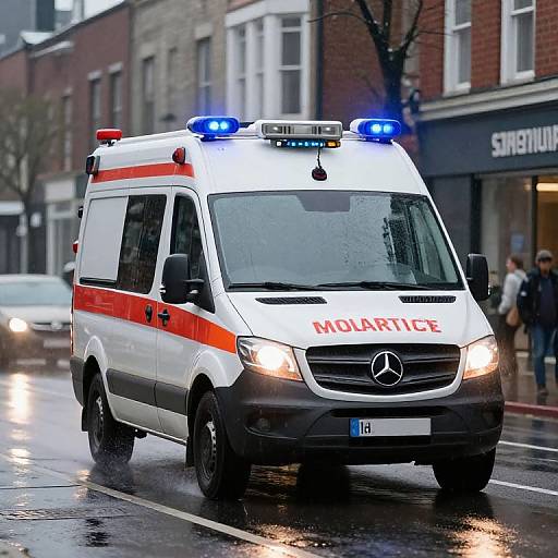 Ambulance Racing Through Rainy City