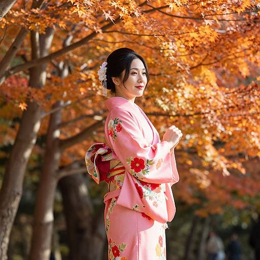 Photograph of a smiling Asian woman in a pink kimono with floral patterns, standing under vibrant autumn orange leaves.