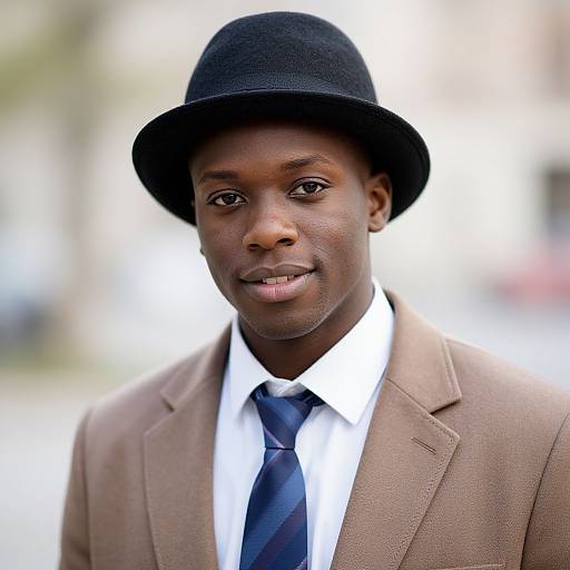 Photograph of a young Black man with dark skin, wearing a black bowler hat, brown suit, white shirt, and blue striped tie, smiling