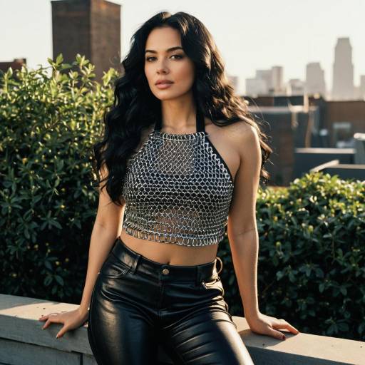 Woman in Chainmail Top on Rooftop Garden