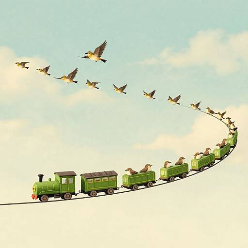 Whimsical Bird Train Digital Illustration