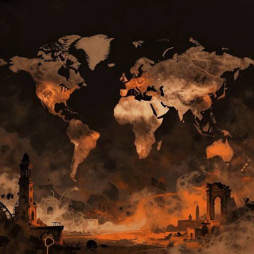 World Map Above Ghostly Ruins in Burnt Orange and Charcoal