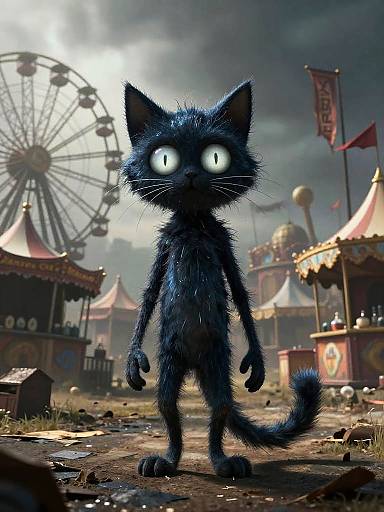 CGI image of a fluffy, blue-black, glowing-eyed anthropomorphic cat standing in a dark, stormy circus setting with a Ferris wheel and