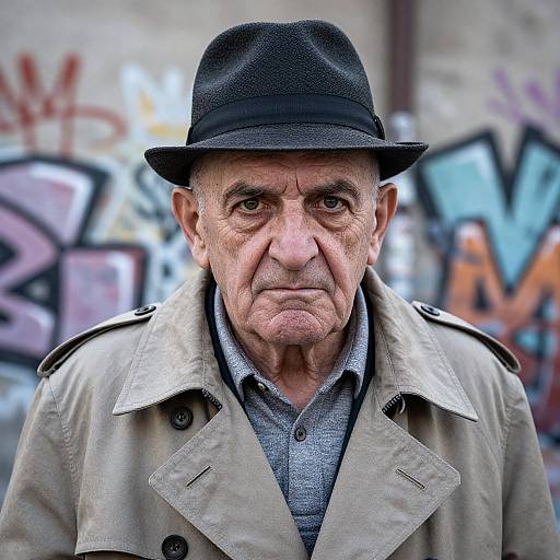 Photograph of an elderly man with deep wrinkles, wearing a black fedora, beige trench coat, and gray shirt, against a graffiti-covered wall.