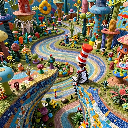 Whimsical, colorful 3D CGI landscape with winding mosaic paths, oversized mushrooms, striped lighthouse, vibrant flowers, and playful, surreal architecture