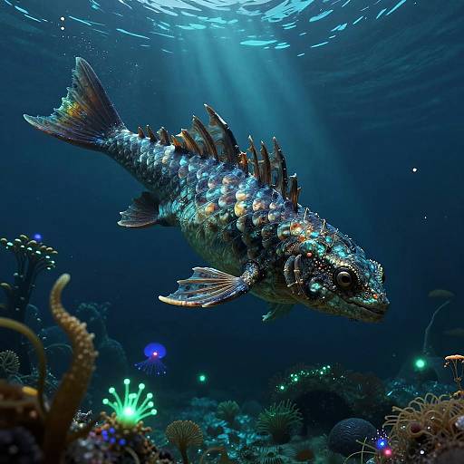 Photograph of a bioluminescent, spiky fish swimming in a deep, dark blue underwater ocean scene with glowing coral and marine life.