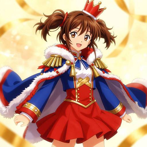 Anime-style drawing of a cheerful, brown-haired girl with twin pigtails, wearing a red crown, blue and red royal cape with gold epa
