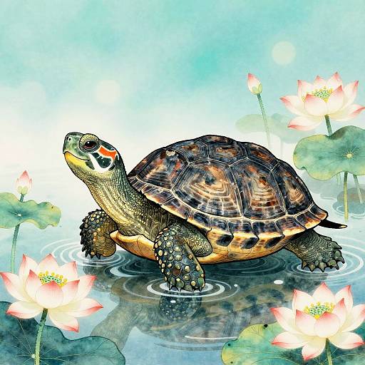 Ancient Wise Turtle by Lotus Pond