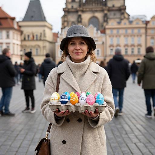 Photograph of a smiling woman in a gray hat and beige coat holding a tray of colorful Easter eggs in a European town square with historic buildings and blurred