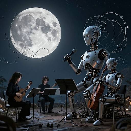Photograph-style digital art: Moonlit outdoor concert with a robotic violinist singing, two human musicians playing guitar and cello, starry night sky