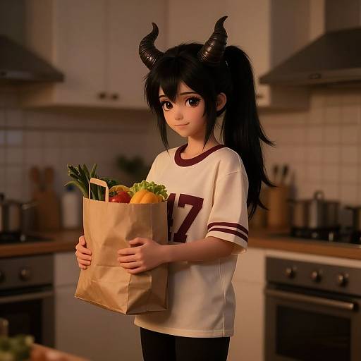 CGI anime-style girl with black horns, long black hair, white shirt with maroon 