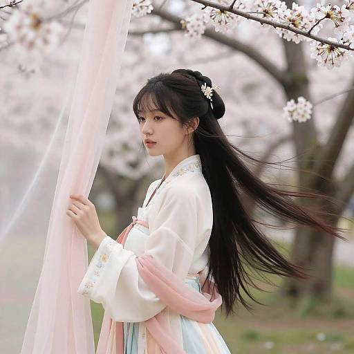 Elegant Asian Woman in Cherry Blossom Garden
