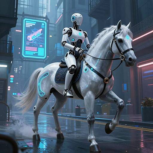 Cybernetic rider on a glowing white horse, futuristic neon city street, digital artwork. Neon lights, wet pavement, sci-fi ambiance.