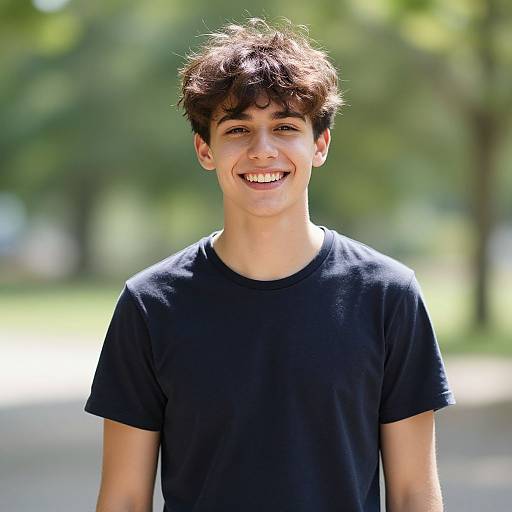 Photograph of a smiling teenage boy with tousled brown hair, wearing a simple black t-shirt, standing outdoors in a sunlit park.