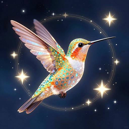 Vibrant, digital illustration of a hummingbird with iridescent feathers, glowing in rainbow colors, hovering mid-flight against a dark blue starry