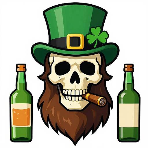 Digital illustration of a white skull with a green top hat, clover, brown beard, and cigar, flanked by two green beer bottles.