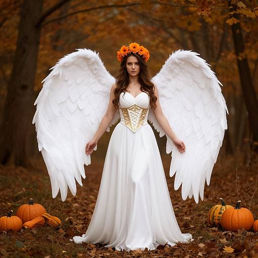 Photograph of a fair-skinned woman with long brown hair, wearing a white angelic dress and large white wings, adorned with an orange pumpkin crown