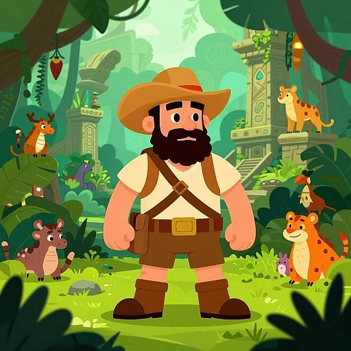 Cartoon adventurer with brown hat, beard, white shirt, brown shorts, and boots stands in vibrant jungle, surrounded by colorful animals and ancient ruins.