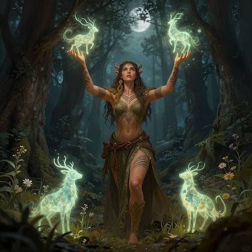 Digital fantasy artwork of a glowing, elf-like woman with dark hair, intricate golden armor, and green skirt, conjuring ethereal deer in a dark