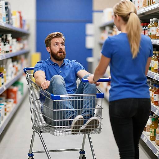 Surprised Man in Shopping Cart Scene