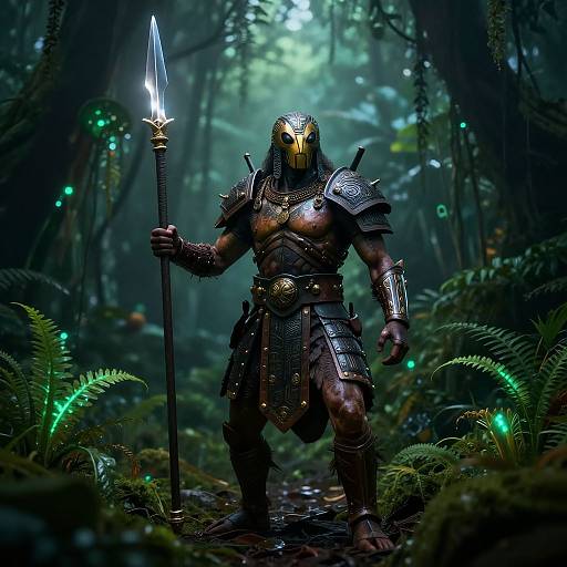Digital fantasy artwork of a muscular, armored warrior with a glowing golden mask holding a spear in a dark, misty forest.
