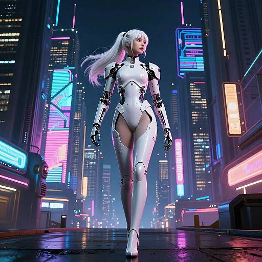 Digital art of a white-haired, cybernetic woman in a sleek, white bodysuit walking in a neon-lit, futuristic city street.