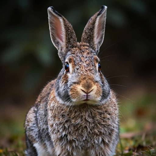 Photograph of a brown, gray, and white rabbit with upright ears, focused gaze, and soft fur, set against a dark, blurred forest background