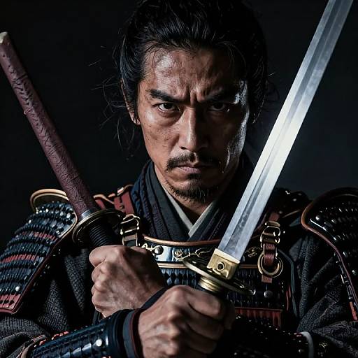 Photograph of intense, dark-haired samurai with mustache, holding a gleaming sword, wearing traditional armor, against a black background.