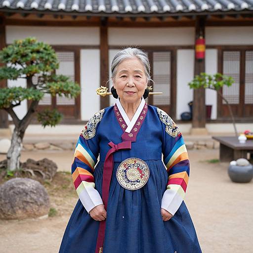 Photograph of an elderly Korean woman in colorful traditional hanbok, standing in a traditional Korean village courtyard with tiled roof.