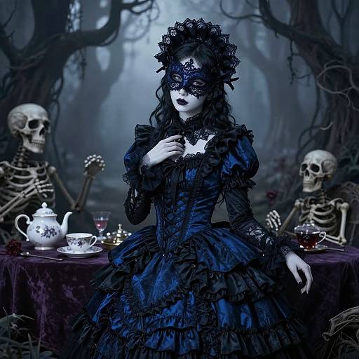 Gothic-themed photograph of a pale woman in a black lace masquerade dress and bonnet, surrounded by two skeletal figures in a dark,
