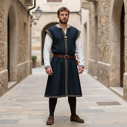 Photograph of a bearded man in medieval-style attire: dark blue vest over white shirt, brown belt, black pants, brown shoes, standing in