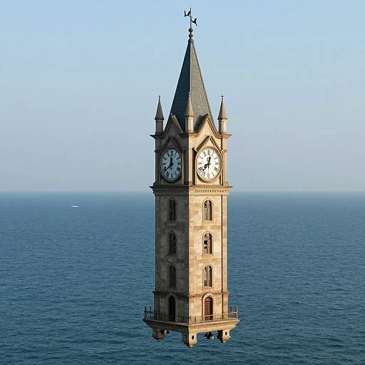 Photograph of a floating, stone clock tower with a pointed roof and large clock face, surrounded by calm, blue ocean under clear sky.
