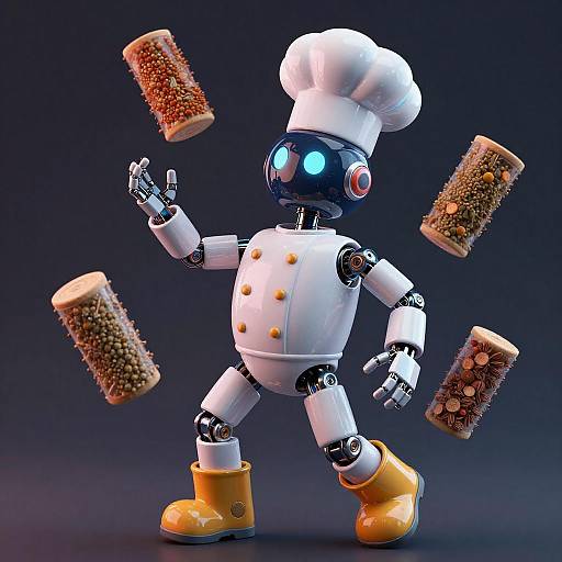 Playful Robot Chef Juggling Spices