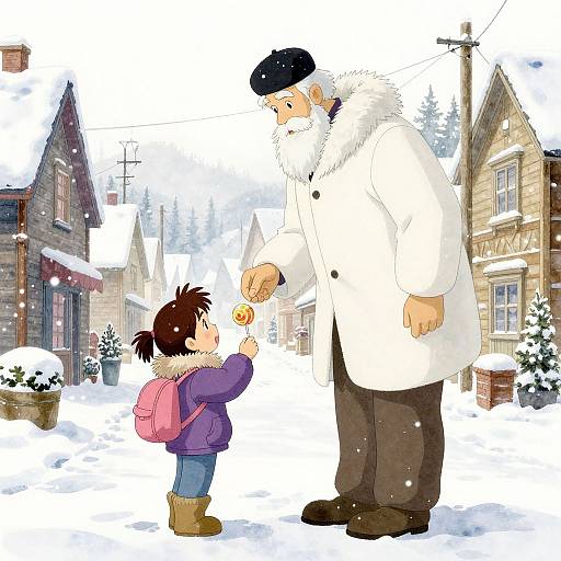 Digital illustration of a young child with brown hair and a pink backpack offering a cookie to a tall, bearded elderly man in a white coat and black